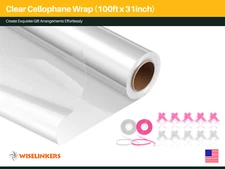Clear Cellophane Wrap for Hampers  100' x 31" with 10 Pull Bows and 2 Ribbon