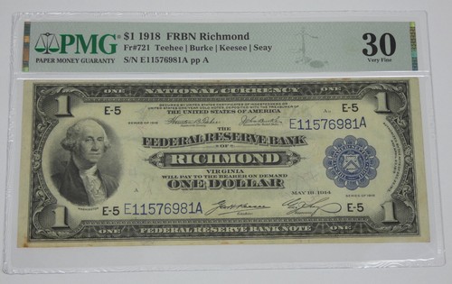 1918 Large Size $1 FRB Richmond, VA PMG 30 VERY FINE Fr#721