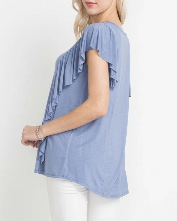 NEW Mittoshop Slate Blue Ruffle Soft Bamboo Fabric Short Sleeve Women's Top - Image 3 of 3