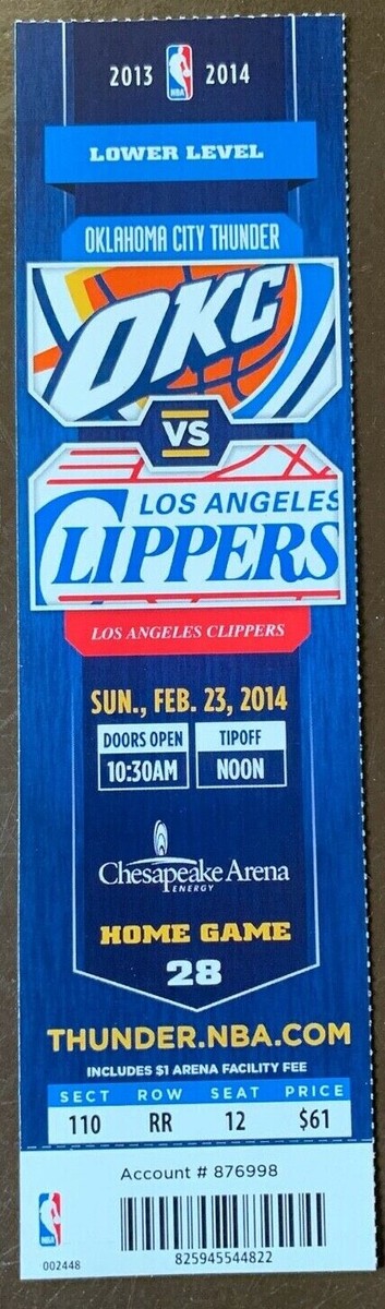 Oklahoma City Thunder 2/23/2014 NBA ticket stub vs Los Angeles
