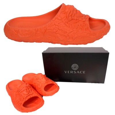 43 US 10 NEW $525 VERSACE Men's Orange BAROCCO 3D MEDUSA LOGO Pool SLIDE SANDALS
