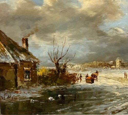 Antique Dutch Oil Painting on Panel - Landscape "Dutch view in winter" c1900/35 - Picture 4 of 9