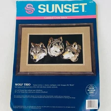 Dimensions Sunset 13576 Wolf Trio Counted Cross Stitch Kit 1993 Open Complete