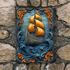 Nordic Viking Ship Metal Sign – Ocean Sailing Wall Art, 8x12 Coastal Decor
