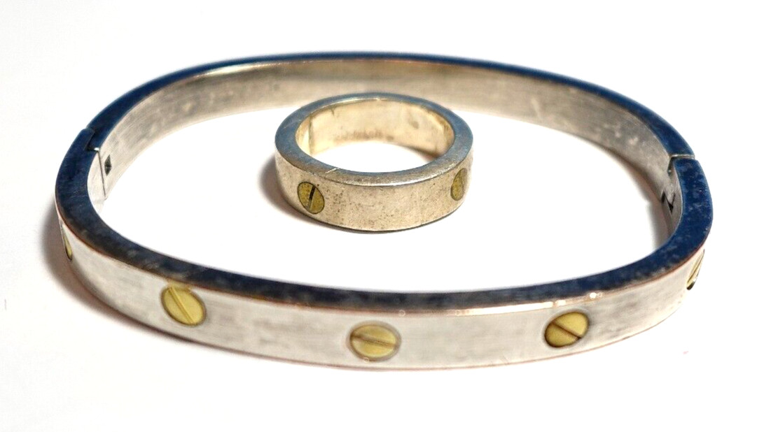 STERLING SILVER 2 TONED RECTANGULAR BANGLE BRACEL… - image 1