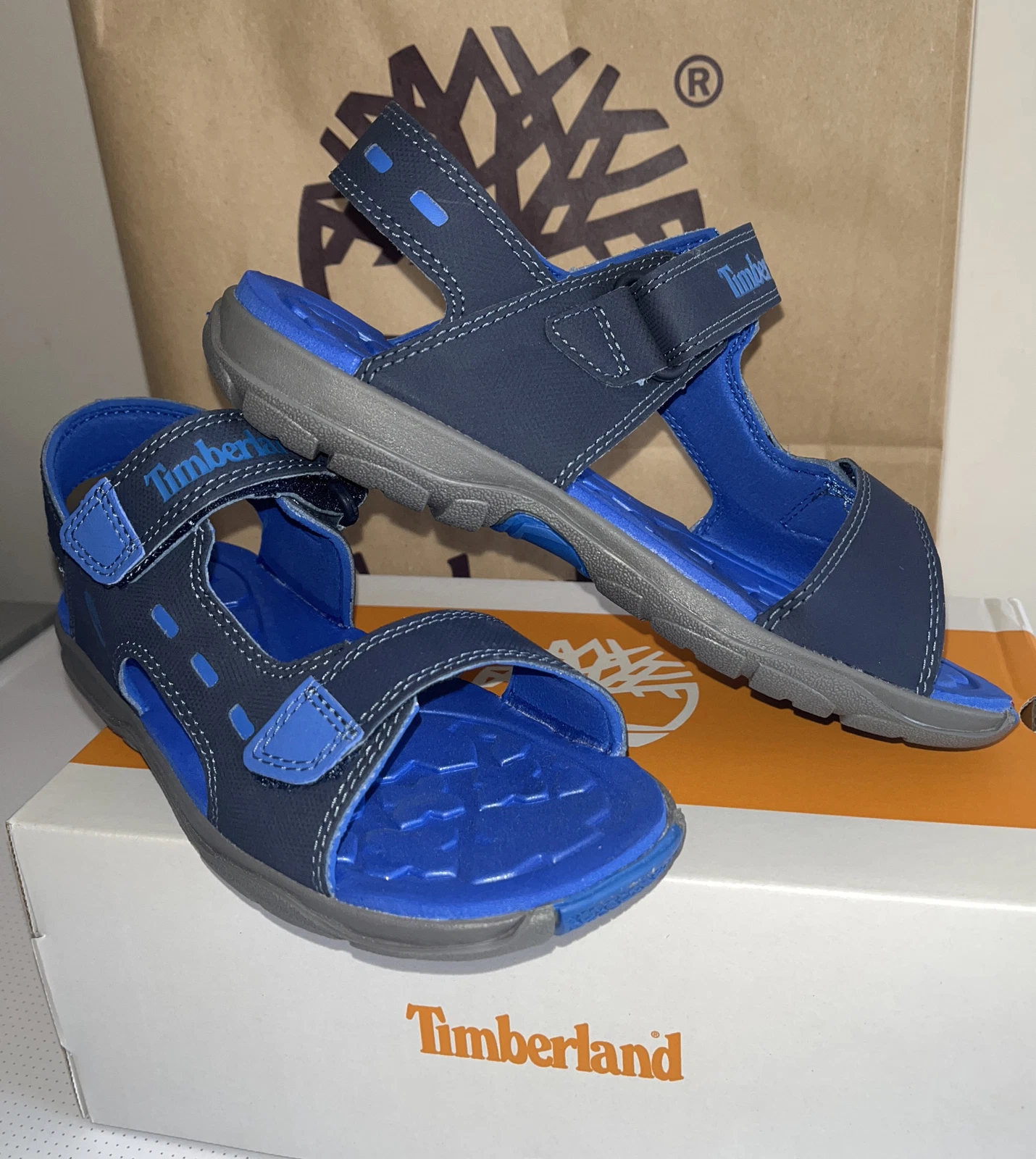 TIMBERLAND sandali da passeggio da spiaggia ragazzo cinturino a salto muschio blu navy UK 1 5 nuovi scatola