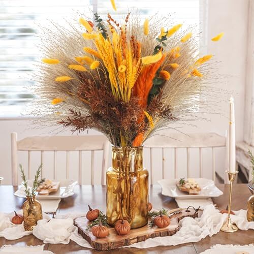 Fall Dried Pampas Grass Bouquet, Natural Orange Bunny Tails Fall Dried Flower...