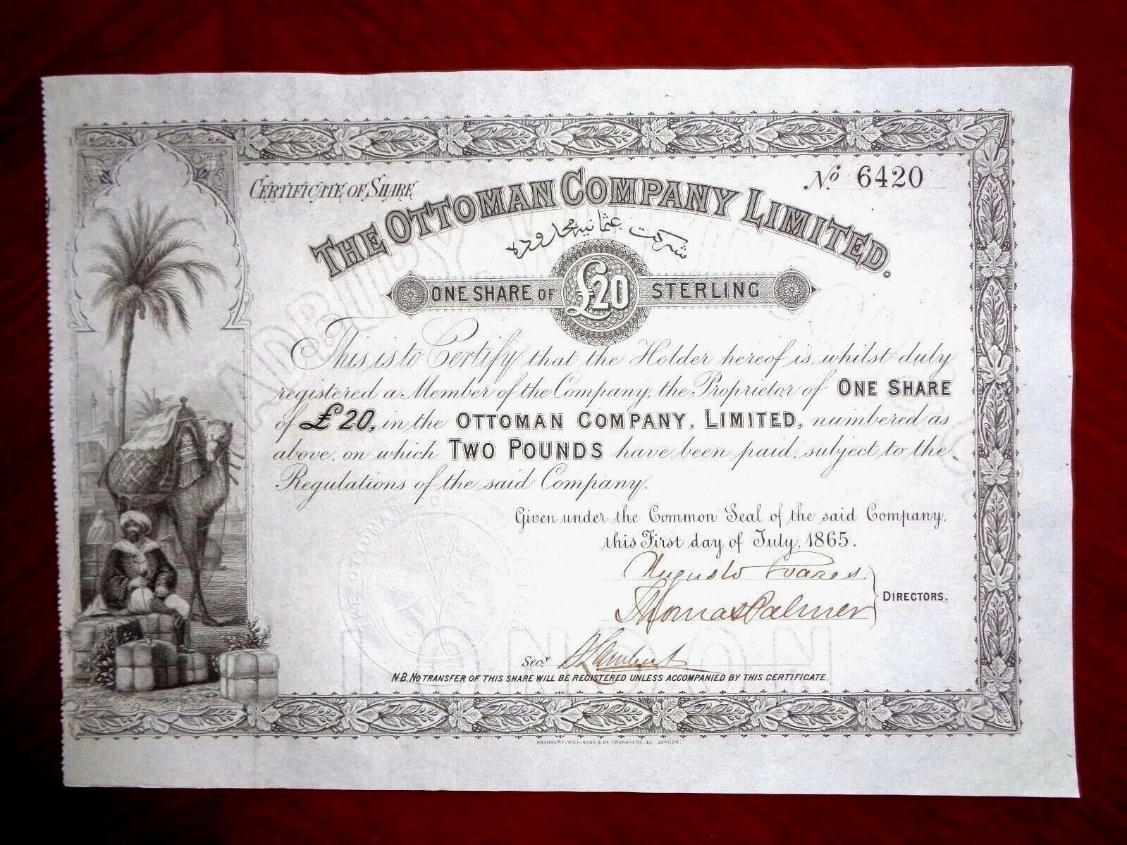 The Ottoman Company Limited una acción de 20 libras 1865