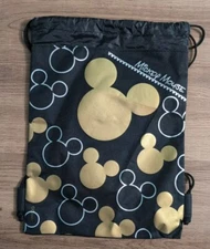 New Mickey Mouse Drawstring Backpack String Reusable Bag Disney Black & Gold