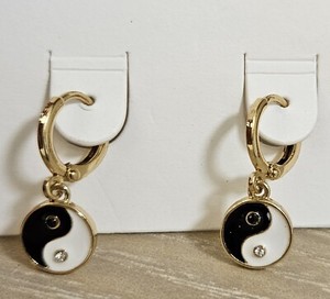 Authentic I AM GOLD PLATED ZIRCONIA RHINESTONES YIN YANG CHARM MINI HOOP DANGLE EARRINGS