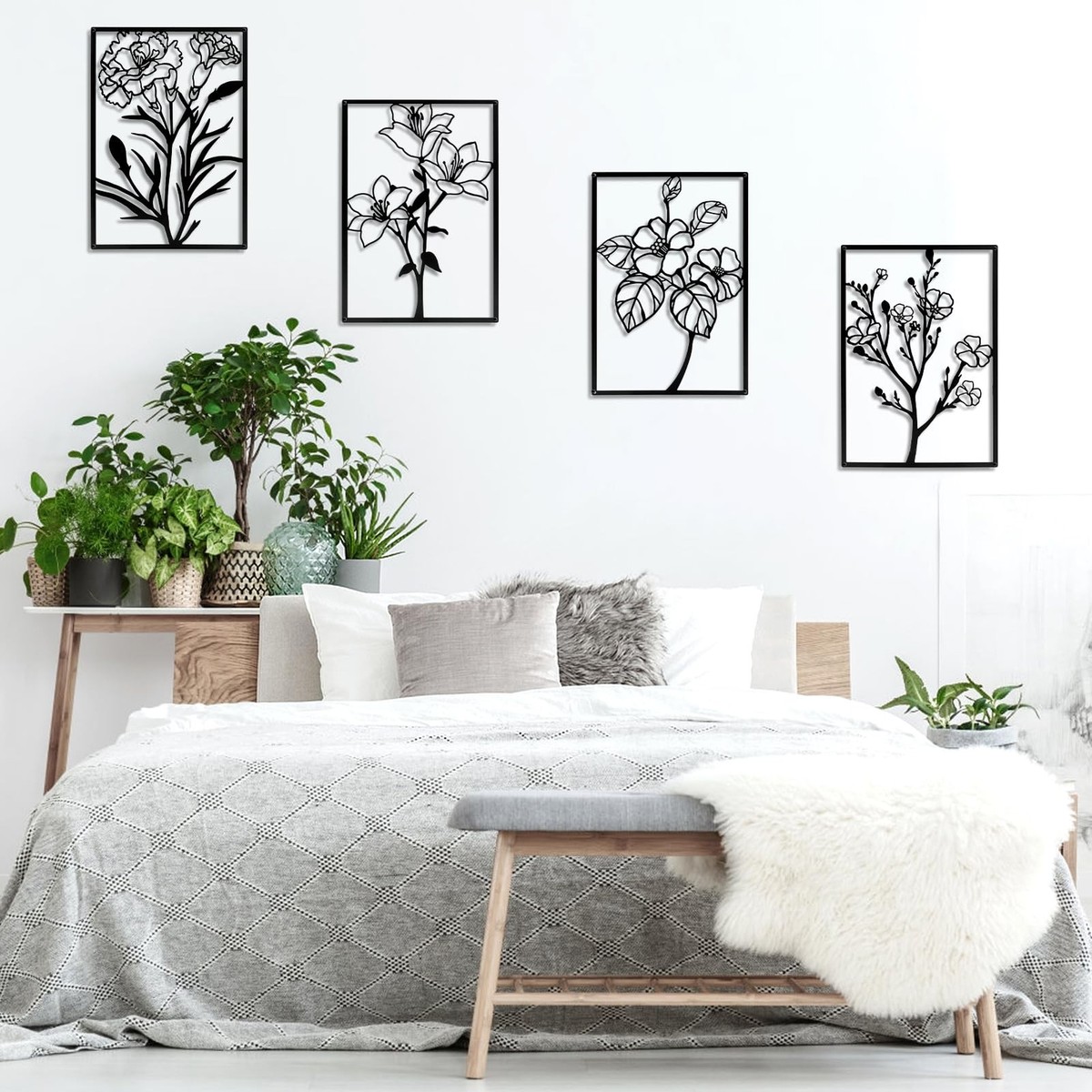 Glamativity Black Abstract Flower Wall Art – 4 Pieces, Minimalist Metal Decor