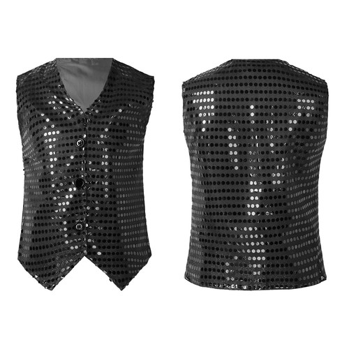 Kids Boys Sparkly Sequins Sleeveless Slim Fit Waistcoat Jazz Dance Vest Tops - Picture 14 of 71