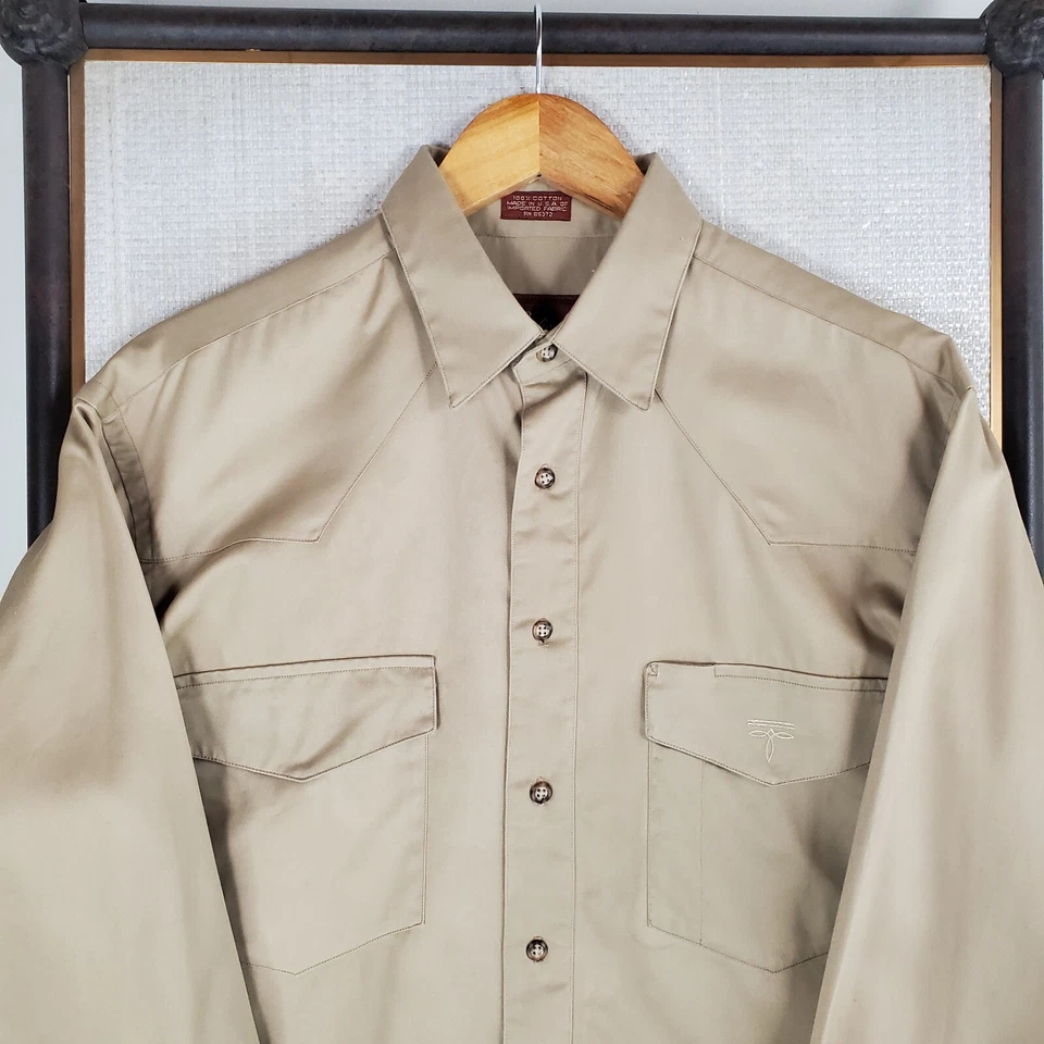 VTG LUCCHESE Mens Size Medium Western Sport Shirt Khaki Cotton Twill Made in USA - Image 2 of 4