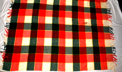 Vintage 60s 70s Wool Plaid Stadium Blanket w/ Carry Case Red Green Cream