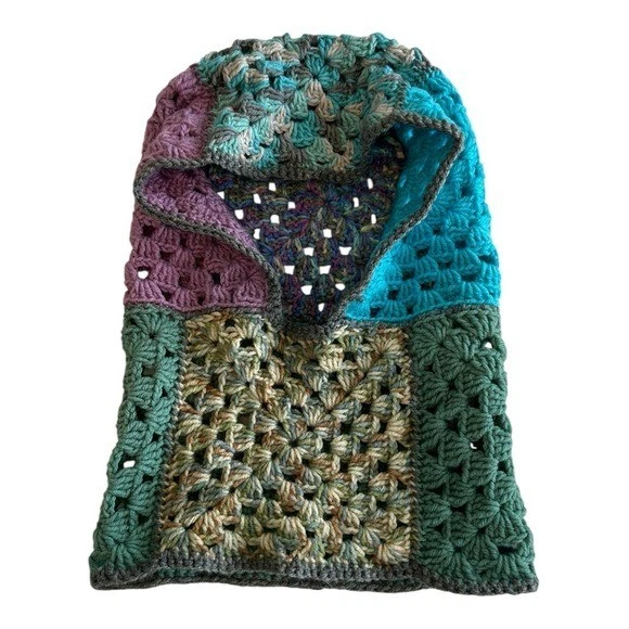 Handmade Crochet Granny Square Balaclava Knit Hat Beanie Hood in Multicolor