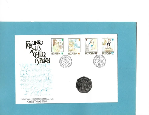 1989 Isle of Man Christmas 50p Coin Cover - BUNC FIRST DAY COVER