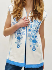 Tree of Life Ukrainian Folk Modern - Embroidered Linen Vest Fringe