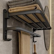 Matte Black 50CM Folding Holder With Hook Towel Holder Wall Mount Aluminium UK