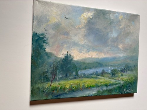 Original Art Oil Painting Clouds Landscape River Trees Vista Hudson Valley 11x14 - 第 4/8 張圖片
