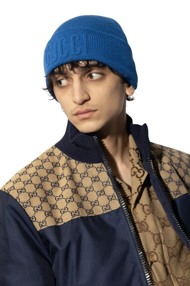 Authentic Men's Gucci Blue Wool Embossed Logo Beanie Hat 764541 M 58 New - Image 2 of 4