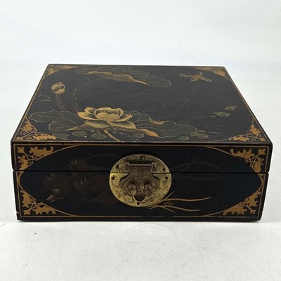 Vintage black gold lacquered Lacquer water lily lotus floral flower box brass
