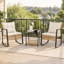 3PCS Outdoor Rocking Chair Set w/2 Chairs, Glass-Top Coffee Table Cushions