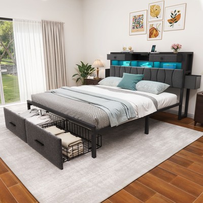 Full/Queen/King Size Upholstered Platform Bed Frame with Storage Headboard & LED