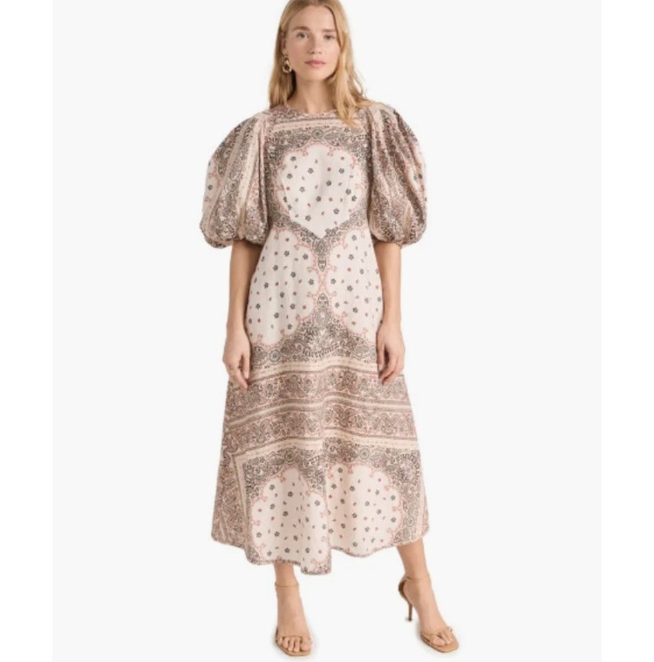 Zimmermann Pink Paisley Puff Sleeve A-Line Midi Dress Pockets Zip Size 4 Au 16