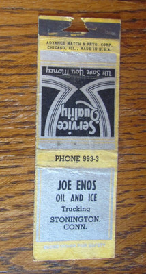 JOE ENOS OIL & ICE TRUCKING MATCHBOOK COVER: STONINGTON, CT 1940s MATCHCOVER M27