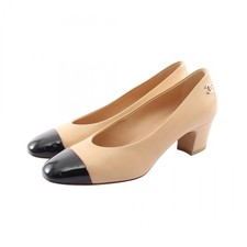 CHANEL COCO Mark Pumps Lamb leather Patent Beige Black Used Women size 38C