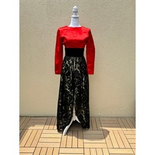Escada by Margaretha Ley Red Silk  Black Gold Jaquard Open Front Dress Gown