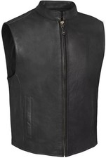 Men's Classic Black Real Leather Vest Waistcoat Plain Front  Single Panel Back