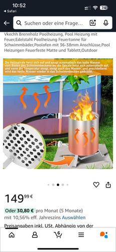 Poolheizung Schwimmbadheizung Holzpool Feuer Anschluss Ofen Edelstahl 30x52x40cm - Bild 2 von 2
