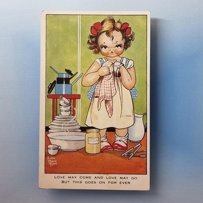 Künstler signierte Postkarte 1932 Abwaschen geht ewig weiter Freda Mabel Rose