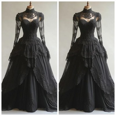 Vintage Black Evening Dresses Long Sleeves Lace Appliques Gothic Party Gown
