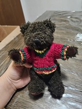 Hugfun Int'l Dark Brown Teddy Bear w Colored Winter Sweater 7" Plush Vtg