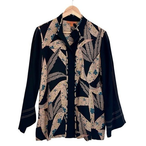 Harari 90s Vintage Sz Small 100% Silk Oversized Asian Leaf Floral Blouse Black - Picture 2 of 7