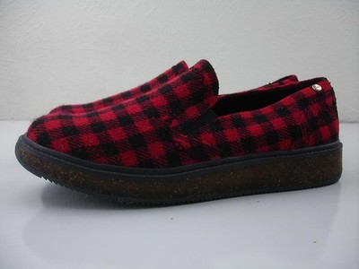 Women's 9 M Earth Elements Abelia Buffalo Red Black Plaid Loafers Shoes Slip-On