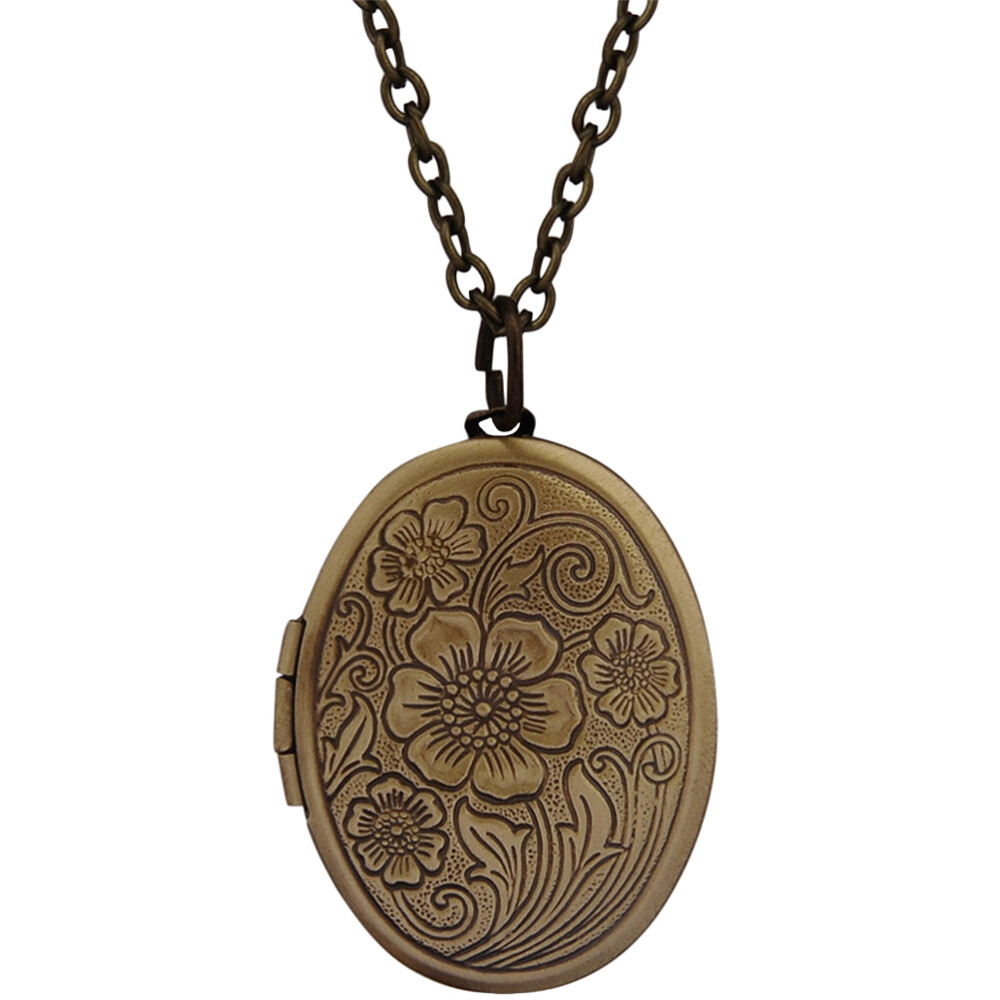 Vintage Locket Necklace Oval Hand Engraved Pendant Chain Neck