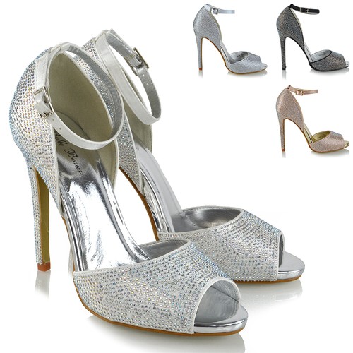 Mujer Peep Toe Zapatos De Novia Tacón Alto pedrería Satén Fiesta Promoción  | eBay