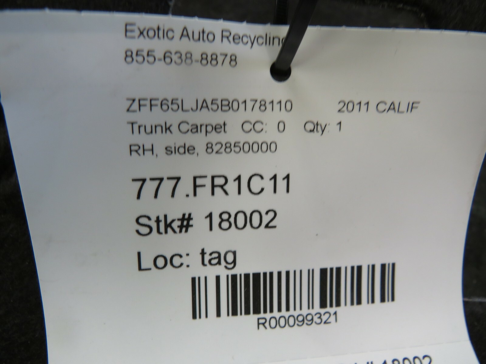 Ferrari California, RH, Right Side Trunk Carpet Panel, Used, P/N 82850000