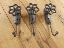 3 CAST IRON FAUCET HOOKS SPIGOT FLOWER HOOKS HYDRANT COAT HAT DRAWER PULL RACK