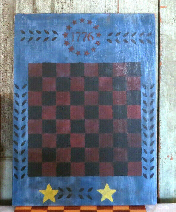 Grubby Primitive Painted Wooden Gameboard Game Board Checkers Blue & Black Paint