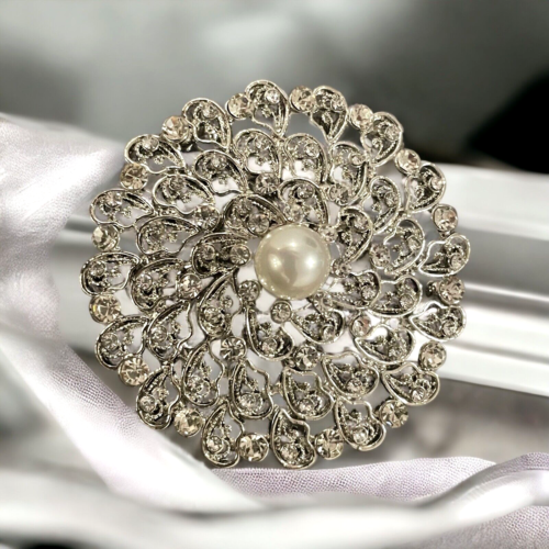 Argent Style Vintage Grand Perle Fleur Cercle Rond Broche pour Femme BR356 - Photo 1/6