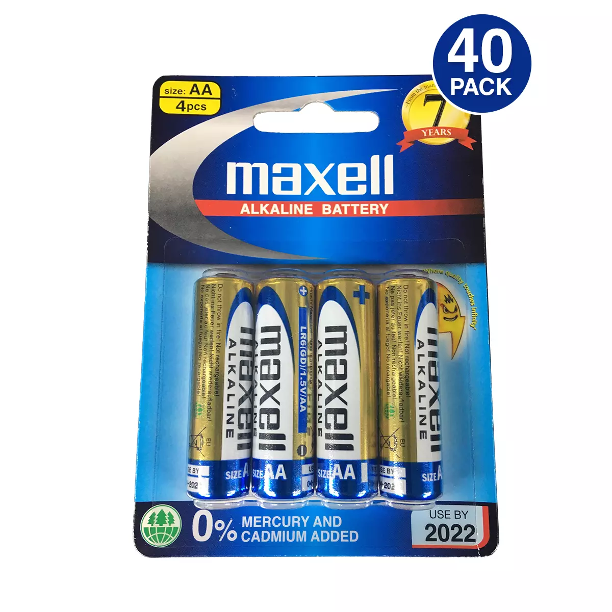 Maxell AA LR6(GD) 1.5V Alkaline Battery 0% Mercury and Cadmium (40  Batteries)