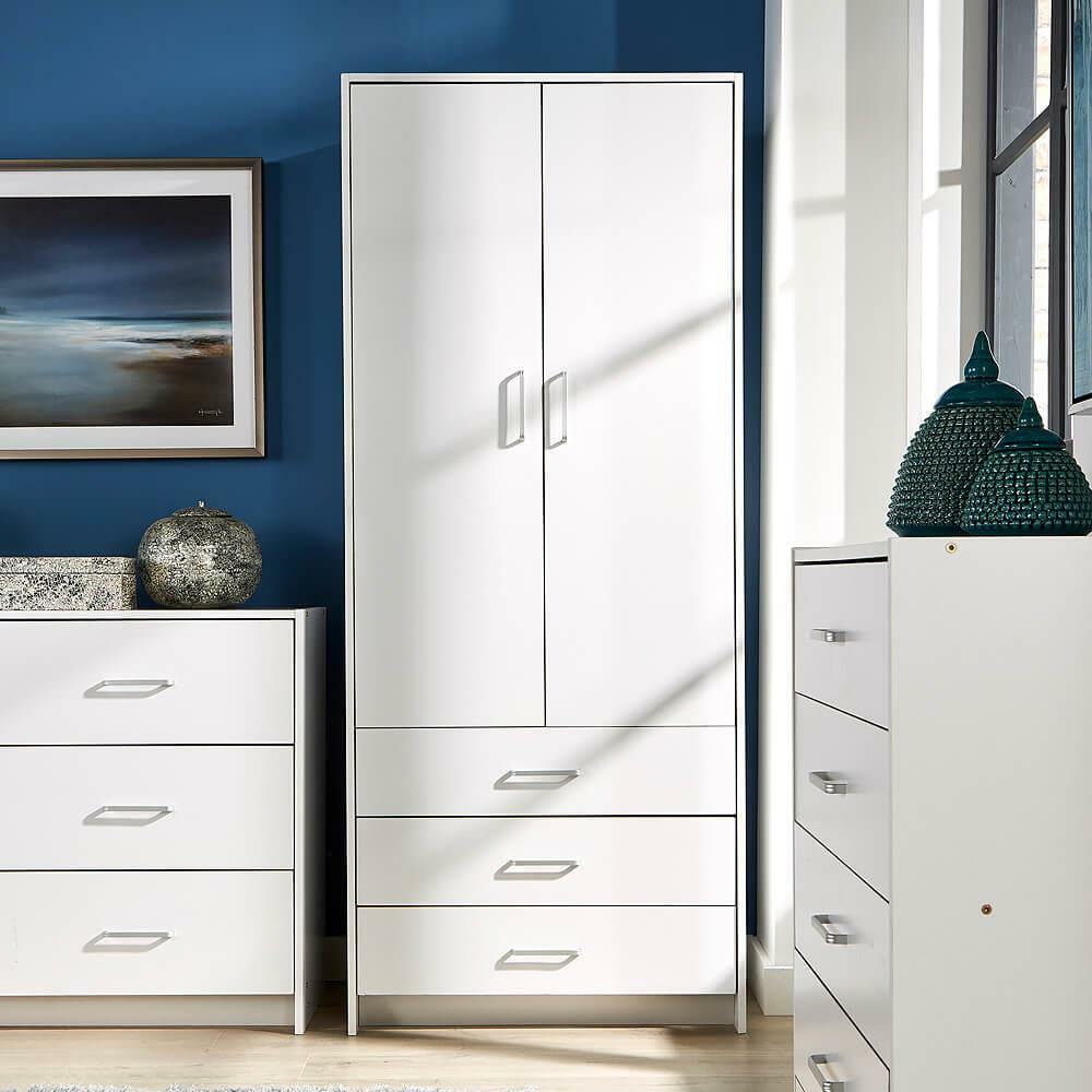 White Wardrobe 2 Door 3 Drawer with Hanging Rail and Storage Shelf