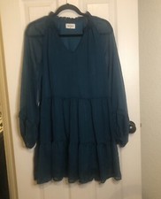 AURA bohemian-style lined dark teal long-sleeve tiered mini dress w/ v-neckline