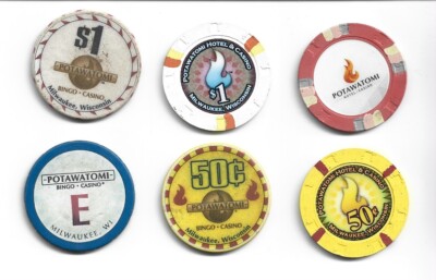 Potawatomi .50 $1.00 $5.00 & Roulette Casino Chips Milwaukee Wisconsin Lot of 6