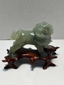 Fine Vintage Chinese Jade Foo Dog Lion On Rosewood Stand