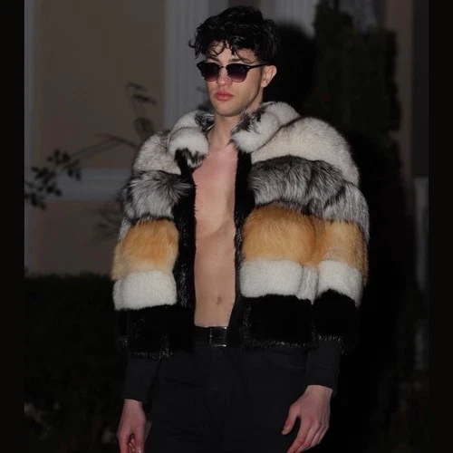 Mens Real Red Fox Fur Short Jacket Natural Genuine Silver Fox Fur Coat Outwear image 2